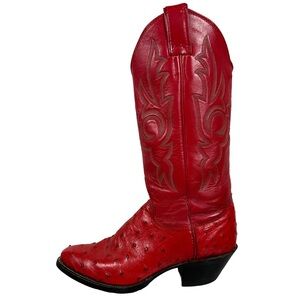 Western Justin Boots Red Leather Heeled ostrich‎ Cowgirl cherry festival boho